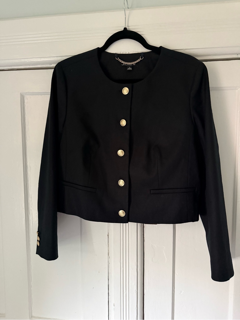 J. Crew Black Collarless Blazer with Gold Buttons - Cropped Tailored Style